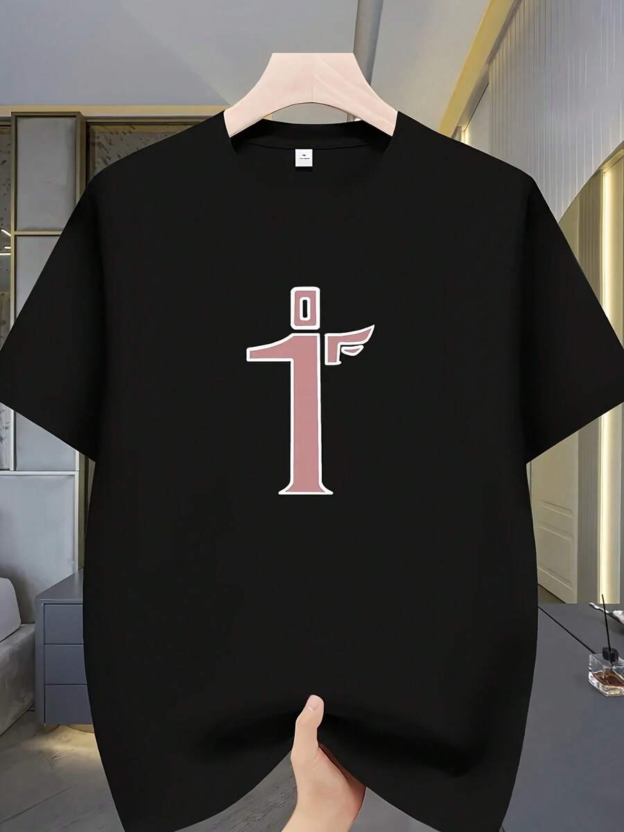 Playeras de hombre 2026Playeras de hombre 2026Camiseta de poliéster con estampado retro número 1 para hombre - Cuello redondo, manga corta, ligera y transpirable, perfecta para salidas infor - Negro - Ver 1