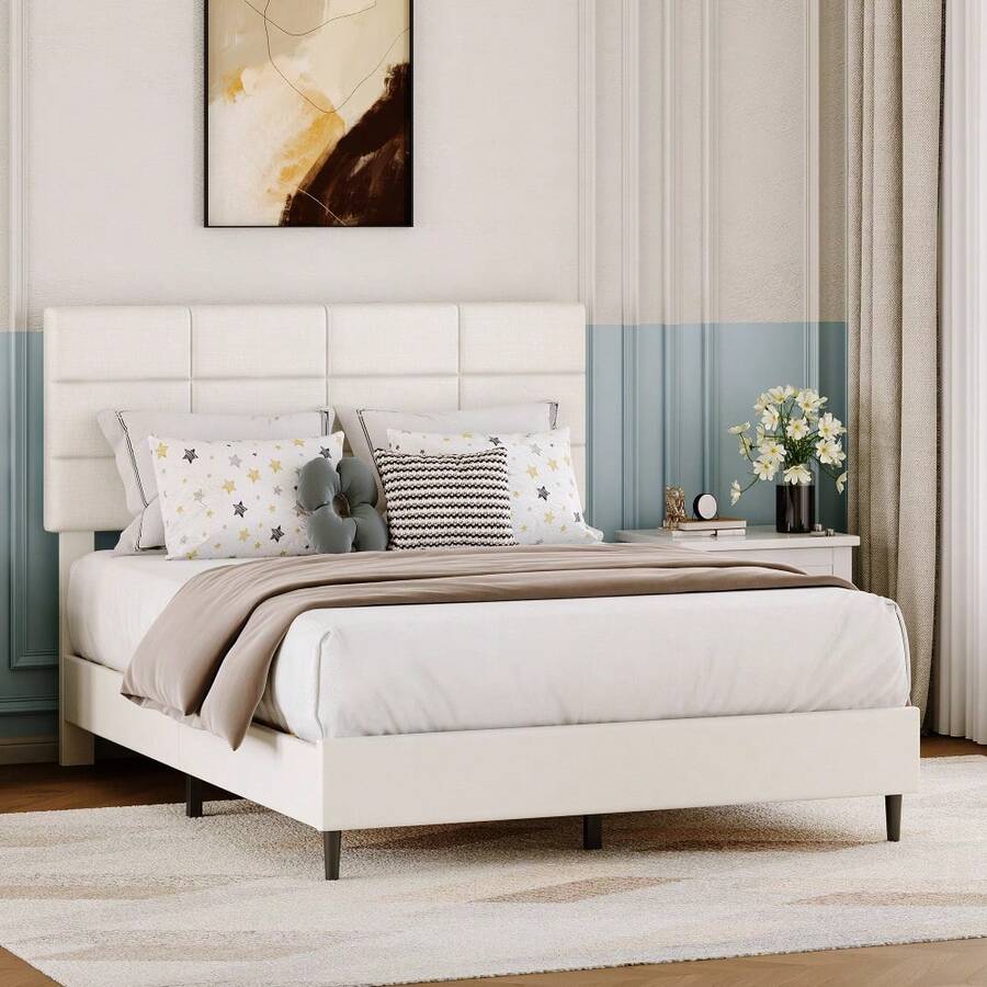 Techigher Upholstered Bed Frame With Adjustable Headboard, Platform Bed With Wooden Slat Support, Heavy Duty Mattress Base With Underbed Storage, Noise-Free No Box Spring Needed - Beige - View 1