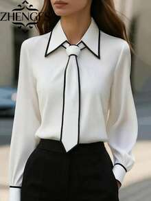 1 pieza Blusa elegante de manga larga con ribete de color contrastante y nudo, adecuada para vacaciones, oficina, uso diario, todo el año Blanco Primavera - Blanco - Ver 1