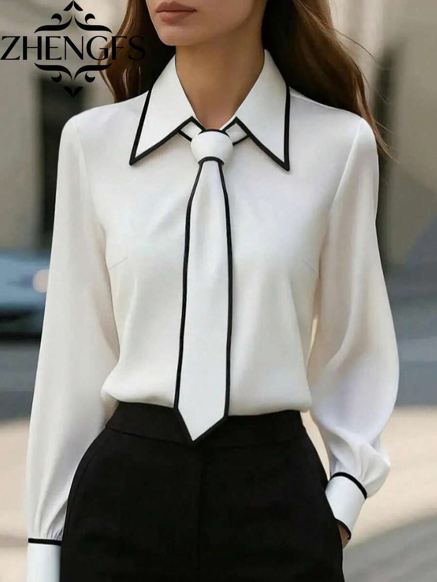 1 pieza Blusa elegante de manga larga con ribete de color contrastante y nudo, adecuada para vacaciones, oficina, uso diario, todo el año Blanco Primavera - Blanco - Ver 1