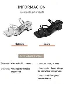 Sandalias para dama elegantes de tacón grueso con detalle de moño y punta cuadrada, zapatos para mujer de cuero sintético minimalistas cómodos y modernos - Plateado - Ver 6