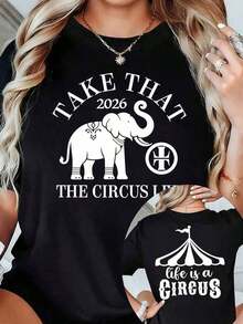 Camiseta de fan de la gira en de Take That Circus 2026, camiseta de doble cara Life Is A Circus, mercancía de la gira de Take That 2026, camiseta con diseño de Elephant Circus, cami - Negro - Ver 1