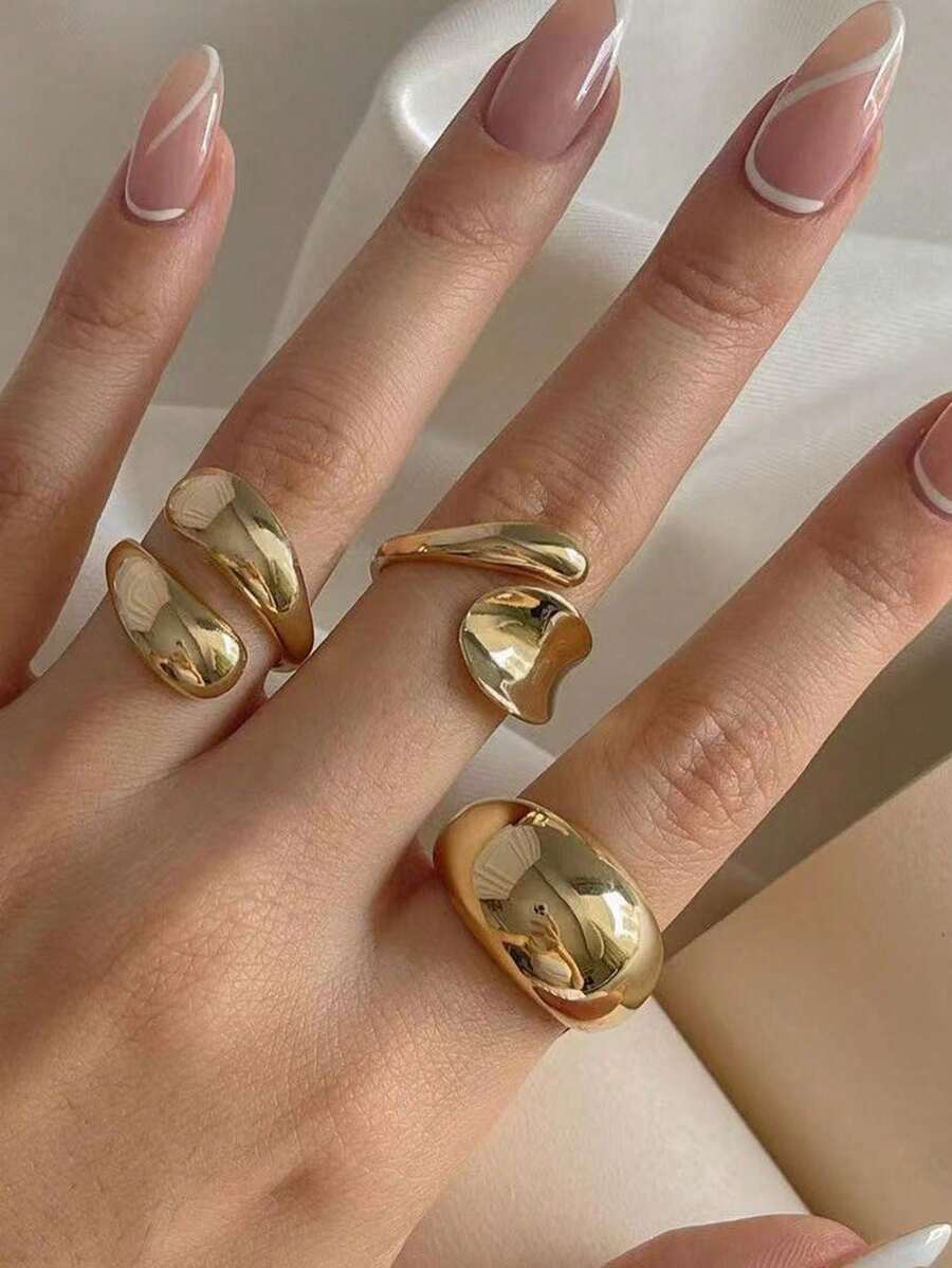 Set de 3 anillos ajustables de estilo-hop personalizados para mujer, aptos para uso diario - Amarillo Oro - Ver 1