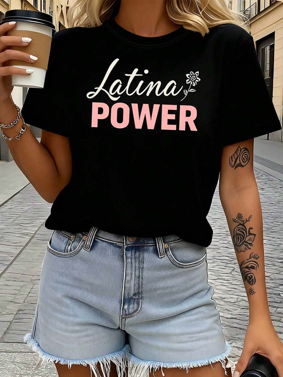Camiseta premium "Latina POWER" con temática de poder femenino latino, decorada con llamativos lemas, top casual de manga corta, ropa rosa y blanca que inspira la actitud diaria de las mujer - Negro - Ver 1