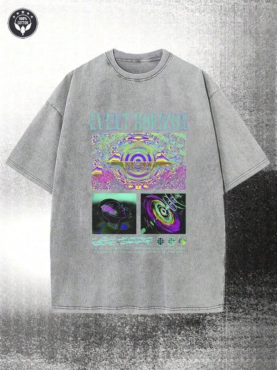 Camiseta mujer holgada algodón verano, gráfico cosmos multicolor cera impresa, ligera camiseta hombre para salidas callejeras y vacaciones - Gris - Ver 1