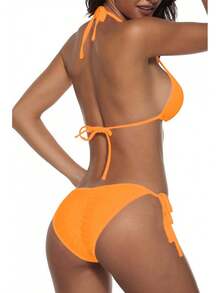 Women Two Piece Swimsuit Sexy Swimwear Halter String Triangle Bikini Sets - 橘色 - 查看 3