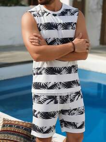 Men's Coconut Tree Print Sleeveless Tank Top And Shorts Set - Multicolor - View 3