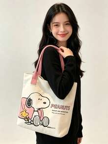 1pc Snoopy Print Yellow Canvas Tote Bag, Large Capacity, Suitable For Travel, Shopping And Daily Life, Ideal Gift For Birthday, Valentine's Day, Back To School And Graduation Season - View 2