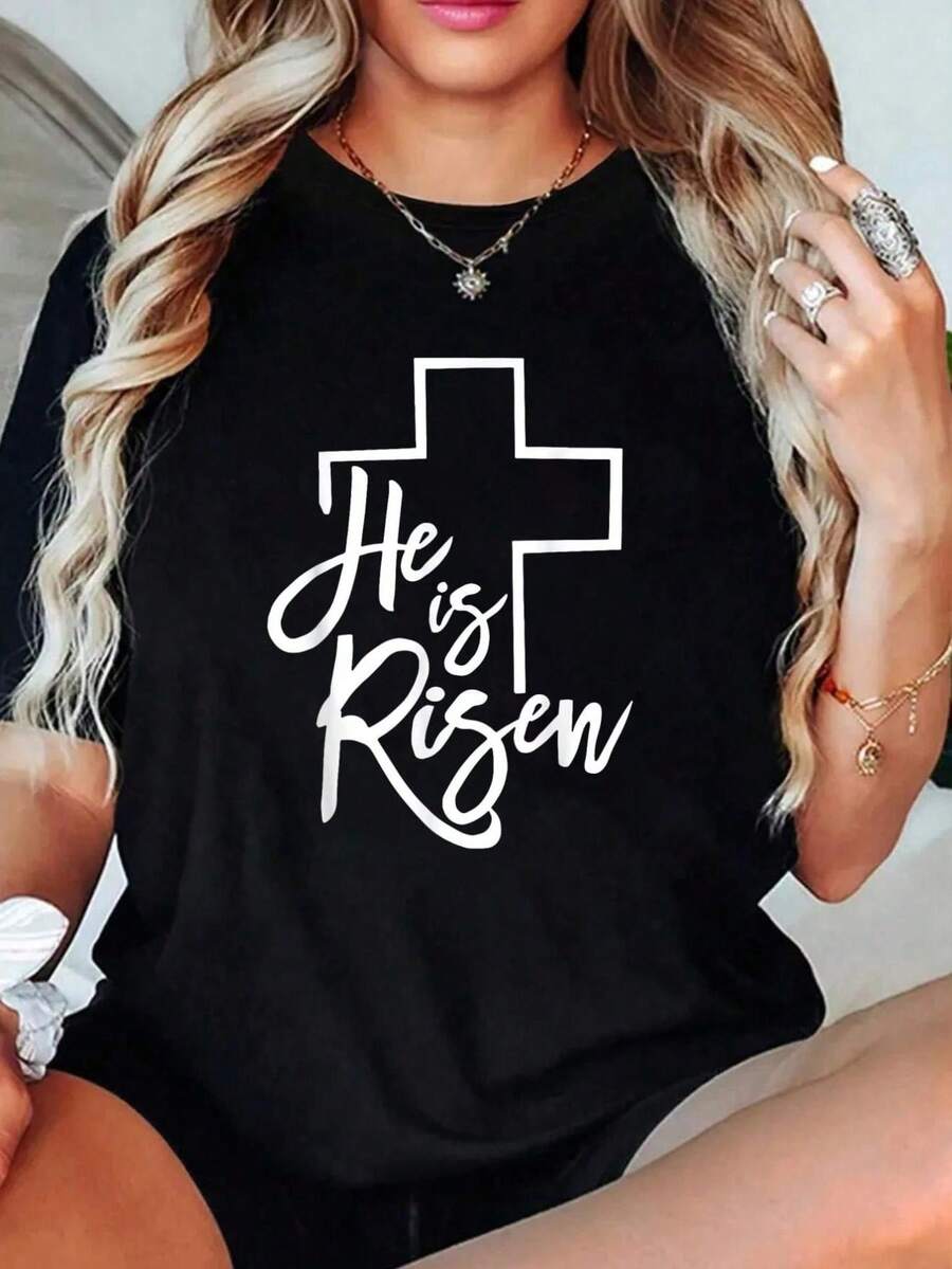 Feliz Día de Pascua, Él ha resucitado Camiseta cristiana de Jesús para el Día de Pascua Camiseta de mujer de cuello redondo de manga corta Camiseta gráfica de modara mujer
