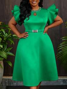 AOMEI Plus Size Women's Elegant Fashion Green A-Line Midi Dress With Pearl Trim Keyhole Neckline, Flutter Sleeves, Waist Belt, Elegant Church Wedding Guest Summer Dress - Green - View 4