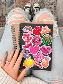 50Pcs Hot Pink Glitter Vinyl Stickers, Y2K Sparkly Cat, Gummy Bear, Strawberry, Ice Cream & Crystal Illustrations Decals, Waterproof Stickers For Skateboards, Luggage & Teen Room Decor - Coral Pink - View 2