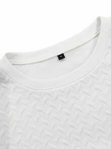 Pure White Vertical Herringbone Jacquard Short Sleeve Men's Cafe Gathering Daily Commute Crew Neck T-Shirt - White - View 3