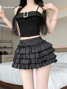 Women's Mini Skirt, Spring/Summer, Fleece-Lined Skirt, Cake Skirt, Half-Length Skirt, High Waist, Girly, Cute, Fresh, Sweet, Polyester, Stretchy, Lightweight, Flared, Mini Length, Clean, Feminine, Sweet, French Style, School, Day - Black - View 5