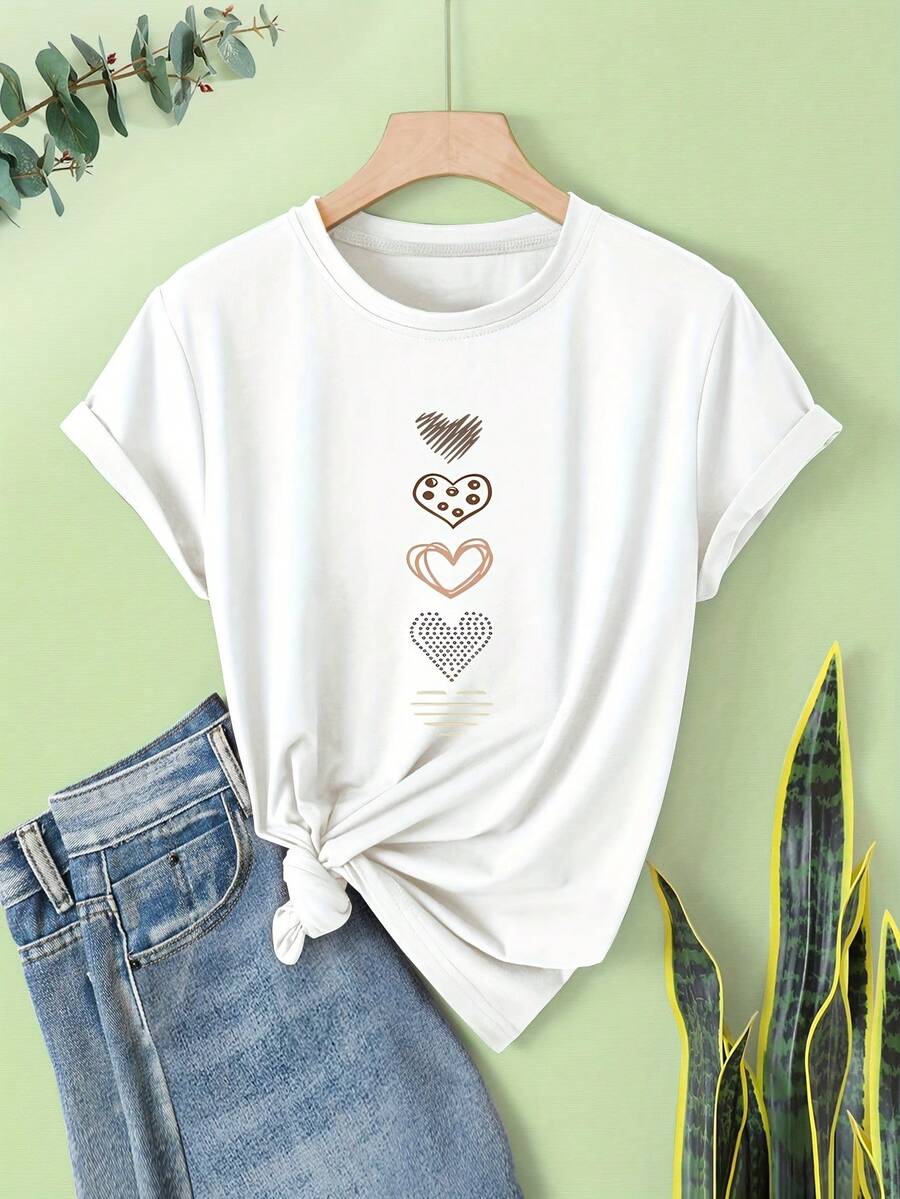 Women's Vintage-Style Short-Sleeved T-Shirt With Round Neck, Black Heart Print, 2026 Fashion, Casual And Sporty Summer Style. - 白色 - 查看 1