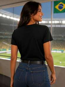 Women's T-Shirt With Brazilian Flag In Rhinestones, World Cup 2026 - BLUE AND BLACK - View 6