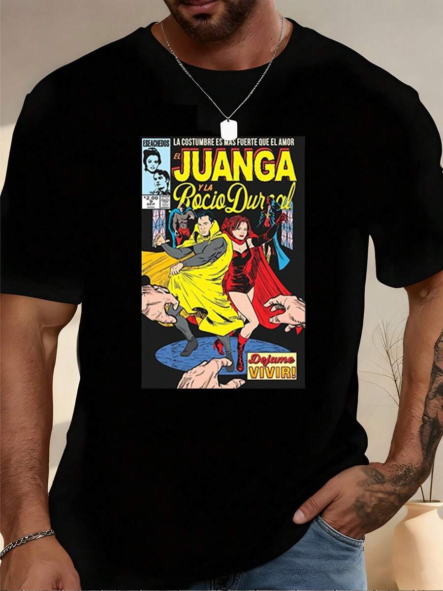 Tiendas Locales, Camisas de Hombre, Ropa de Hombre, Camiseta con Estampado de Portada de Cómic en Blanco y Negro de 180G, Estampado de Juanga y Rocío Dúrcal, Impresión de Alta Calidad, Cuell - Negro - Ver 1