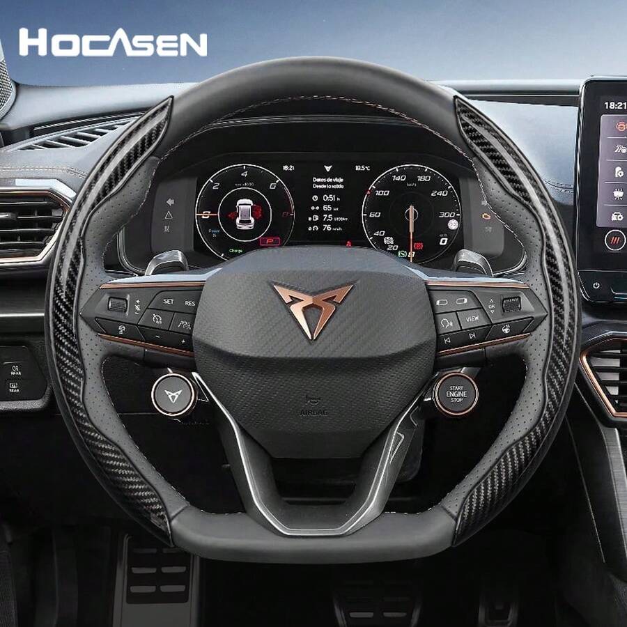 Hocasen 適用於分段式碳纖維方向盤套，運動風防滑舒適握感，快裝設計，四季通用，適用於 Formentor/Leon/Leon Sportstourer/Born/Ateca/Tavascan/Terramar，黑色、藍色、銀色、紅色、白色