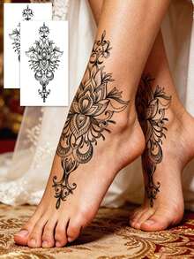 2pcs Temporary Foot Tattoos, Realistic Waterproof Sweat-Proof Hand Tattoo Stickers, Minimalist Line Flower & Chain Print Fake Tattoos For Ankle & Shoulder, Unisex Body Art Decoration Stickers For Daily, Travel, Beach, DIY Gift Stickers - Black - View 5