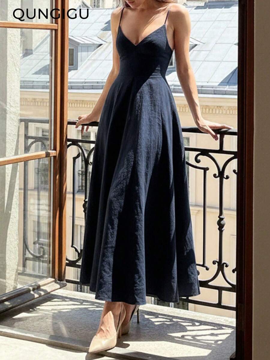 QUNGIGU midi elegante para mujer con tirantes finos, escote en V, lino texturizado, espalda descubierta, cintura alta, fluido, para verano, playa, invitada de boda y fiesta de cóctel - Azul marino - Ver 1