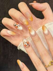 10PCS Middle Oval Handmade Press On Nails For Party And Daily Wear,Orange Nails,Cute Persimmon Handmade Press On Nails.Shiny Cat's Eye,Shiny ,Summer Nails,Easy To Wear,Suitable For Girls And Women Festivals Parties And Daily Wear - Orange - View 4