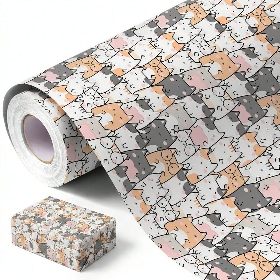 Roll Cute Layered Cartoon Cat Print Wrapping Paper, 43*500cm Macaron Color Kitten Pattern Gift Wrapping Paper, Suitable For Birthday Holiday Cat Lover Gift Wrapping