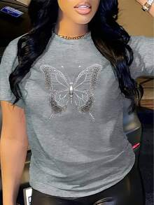 1 pieza Camisetas de mujer, Y2K holgado manga corta cuello redondo, toy verano para, ligero - Gris - Ver 1