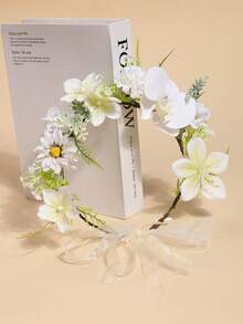 1pc Girls European And American Mori Style Artificial Flower Wreath, Faux Pleated Rose Bud & Hydrangea & Begonia Flower Crown, Aesthetic Floral Hair Accessory With Adjustable Satin Ribbon, Suitable For Beach Outings And Photoshoots - Beige - View 4
