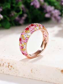 Anillo chapado en oro rosa de cobre con circonita incrustada, anillo de dedo de diseño de nicho de lujo apilable, anillo de dedo con alto índice de retención de color - Dorado - Ver 4