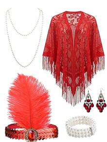 5 piezas Accesorios de disfraz Forever & Moment de los años 1920 para mujer, diadema de flapper, aretes, collar, chal, pulsera para fiesta retro de los 20, boda, fiesta de cóctel - multicolor - Ver 10
