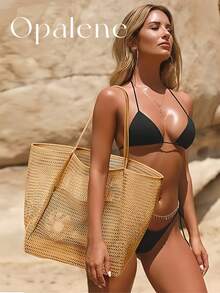 Breathable Mesh Beach Tote Bag For Women Large Hollow Open Weave Swim Pool Shoulder Handbag Lightweight Travel Grocery Market Purse Pink/Brown/Black - 彩色 - 查看 12