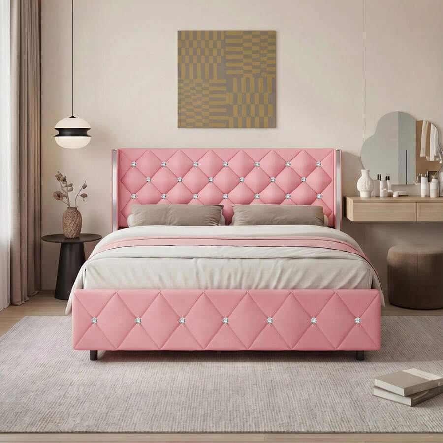 Twin/ Full/ Queen/ King Size Bed Frame, Upholstered Bed Frame With Diamond Headboard And Footboard, No Box Spring Needed With Wood Slat Support, Easy Assembly, Twin Bed Frame/ Full Bed Frame/ King Bed Frame, Black/ Pink/ White/ Purple/ Blue/ Green - 粉色 - 查看 1