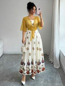 Damen Mode elegantes Blumenmuster Kleid Chiffon Oberbekleidung elegantes 2-teiliges Set Strandurlaub 2-teiliges Set romantisch lässig Teegesellschaft Outfit Sommer - Retro-Gelb - View 3