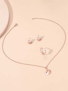 4pcs Rose Gold Cubic Zirconia Flower & Pearl Necklace, Earrings, Ring Set For Women - Multicolor - View 6