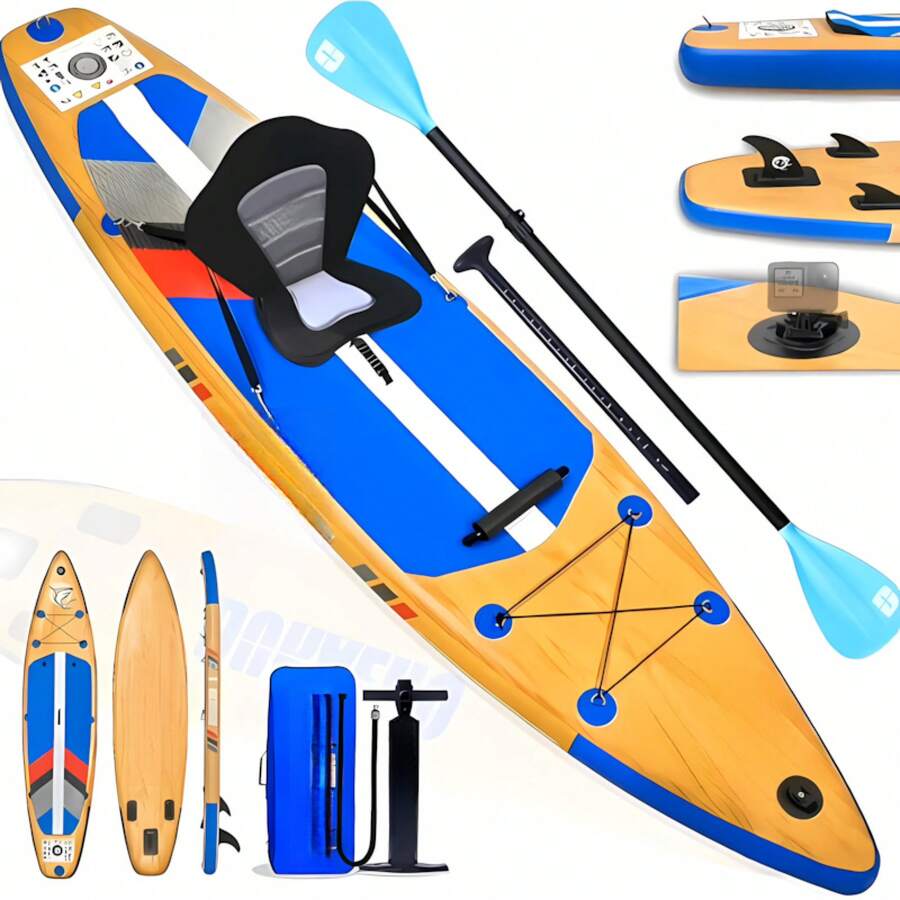 Dieses aufblasbare Paddle-Surfboard (SUP) hat eine maximale Tragfähigkeit von 150 kg, misst 330 x 76 x 15 cm und enthält eine Halterung für eine Actionkamera sowie ein komplettes Zubehörset. - Holzoptik - Übersicht 1