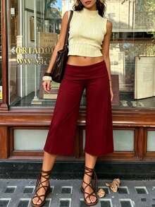 Pantalones de yoga femenino de siete puntos con piernas anchas para cortar pantalones plegables, adecuados para ejercicios diarios de fitness y pantalones casuales - Burdeos - Ver 4