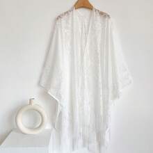 1pc Solid Color Floral Print Bohemian Casual Polyester Lace Lightweight Quick-Dry Shawl, All Seasons - White - View 3