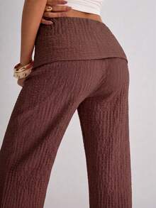 Women's Solid Color Textured Fabric Casual Straight Wide Leg Pants - Brown - View 3