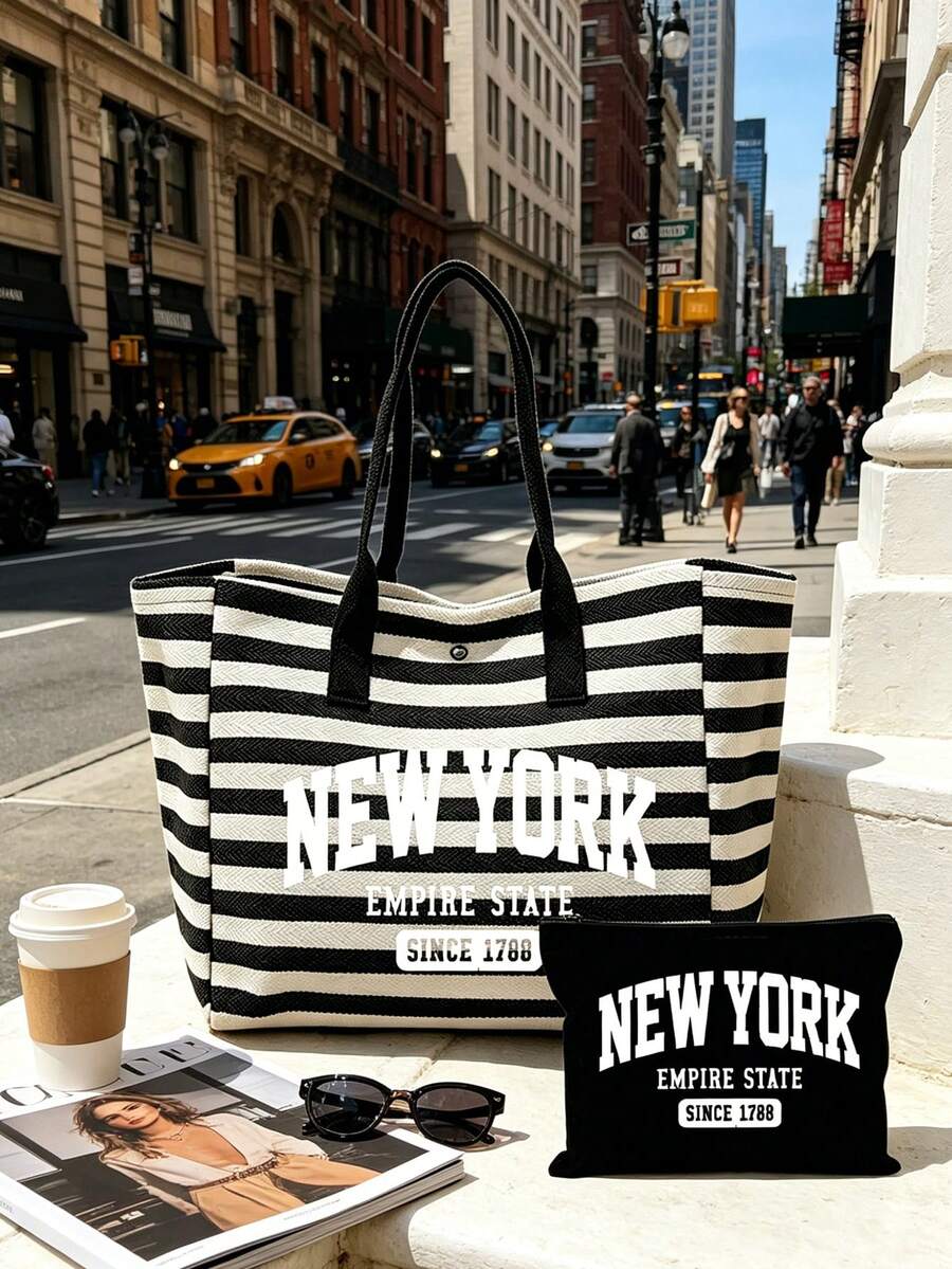 "New York"圖案帆布包組，大容量黑白條紋海灘托特包，可折疊帆布肩背包，防水防沙旅行包，適合夏季必需品，完美適用於海灘旅行、游泳、購物和日常使用，適合女性、旅行者和海灘愛好者，完美適用於春假、復活節、度假和送禮，耐用編織材質，可用作海灘包、購物袋和旅行伴侶，返校季節