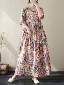 Summer 2026 Striped Dress, Women's Casual Bohemian Beach Vacation Dress. This Loose-Fitting A-Line Dress Features A Round Neck And Batwing Sleeves. - 羅莎 - 查看 1