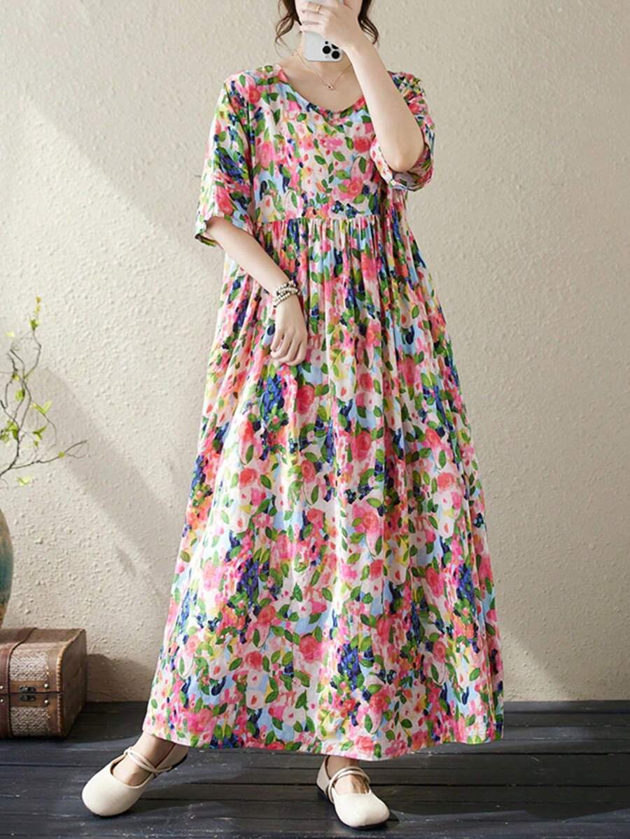Summer 2026 Striped Dress, Women's Casual Bohemian Beach Vacation Dress. This Loose-Fitting A-Line Dress Features A Round Neck And Batwing Sleeves. - 羅莎 - 查看 1