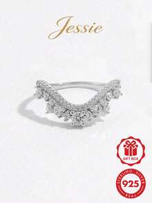 Jessie Jewelry 1件優雅奢華亮面925純銀雙層鑲石淺V型箭頭設計戒指，女性約會禮物 - 銀色 - 查看 1