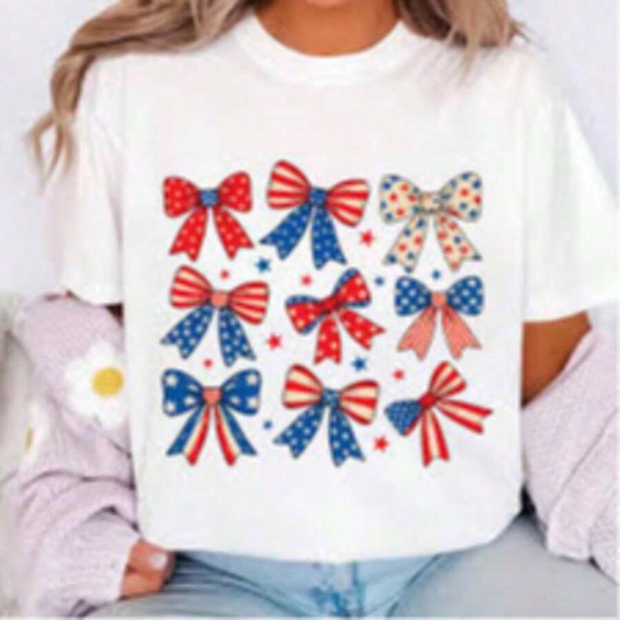 White T-Shirt For Toddlers With Patriotic 4th Of July Print, Casual, Short Sleeve, , Kindergarten Graduation, 4th Of July Girls, Children's Items, Clothing - 粉色 - 查看 1