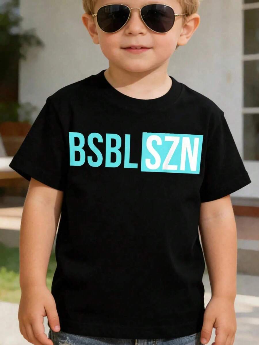 Camiseta Infantil BSBL SZN con Diseño Gráfico Novedoso y Estético para el Día del Partido de Béisbol, Camisetas de Moda para Niños, Camisetas Geniales para Niños (1 pieza) - Negro - Ver 1