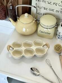 1pc Vintage Distressed Rope Handle 6-Slot Ceramic Egg Storage Tray, Rustic Coarse Pottery Egg Freshness Tray, Home Refrigerator Kitchen Egg Storage Rack, Ins Japanese Style Baking Platter Tableware Breakfast Storage Decor Soft Furnishing Gift Container, Fresh Egg Storage, Kitchen Tabletop Decoration, Viral Same-Style Daily Kitchenware - Multicolor - View 5