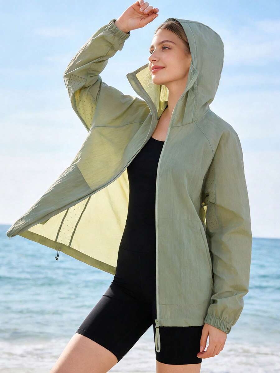 女士轻薄冰丝夹克,轻薄户外运动防风外套,适合夏季旅行、徒步、钓鱼,带帽防晒外套 - 橄欖綠 - 查看 1