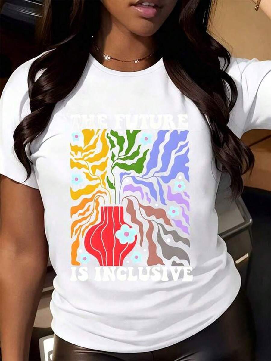 Camiseta de manga corta Negro El futuro es inclusivo Árbol del arco iris con flores Impresión gráfica Vestido casual para mujeres y hombres