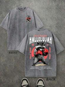 Ropa de hombre; Camisetas de Verano, Camiseta Retro Lavada con Estampado a Doble Cara (Camiseta de 230g de Algodón Puro) con Estampado de Letras 'HARD FOUGHT HALLELUJAH' y Patrón de Boxeo, C - Blanco - Ver 1