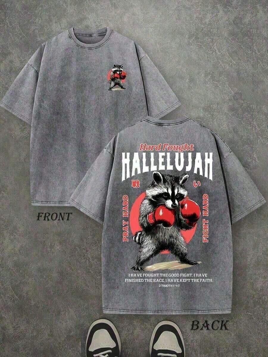 Ropa de hombre; Camisetas de Verano, Camiseta Retro Lavada con Estampado a Doble Cara (Camiseta de 230g de Algodón Puro) con Estampado de Letras 'HARD FOUGHT HALLELUJAH' y Patrón de Boxeo, C - Blanco - Ver 1
