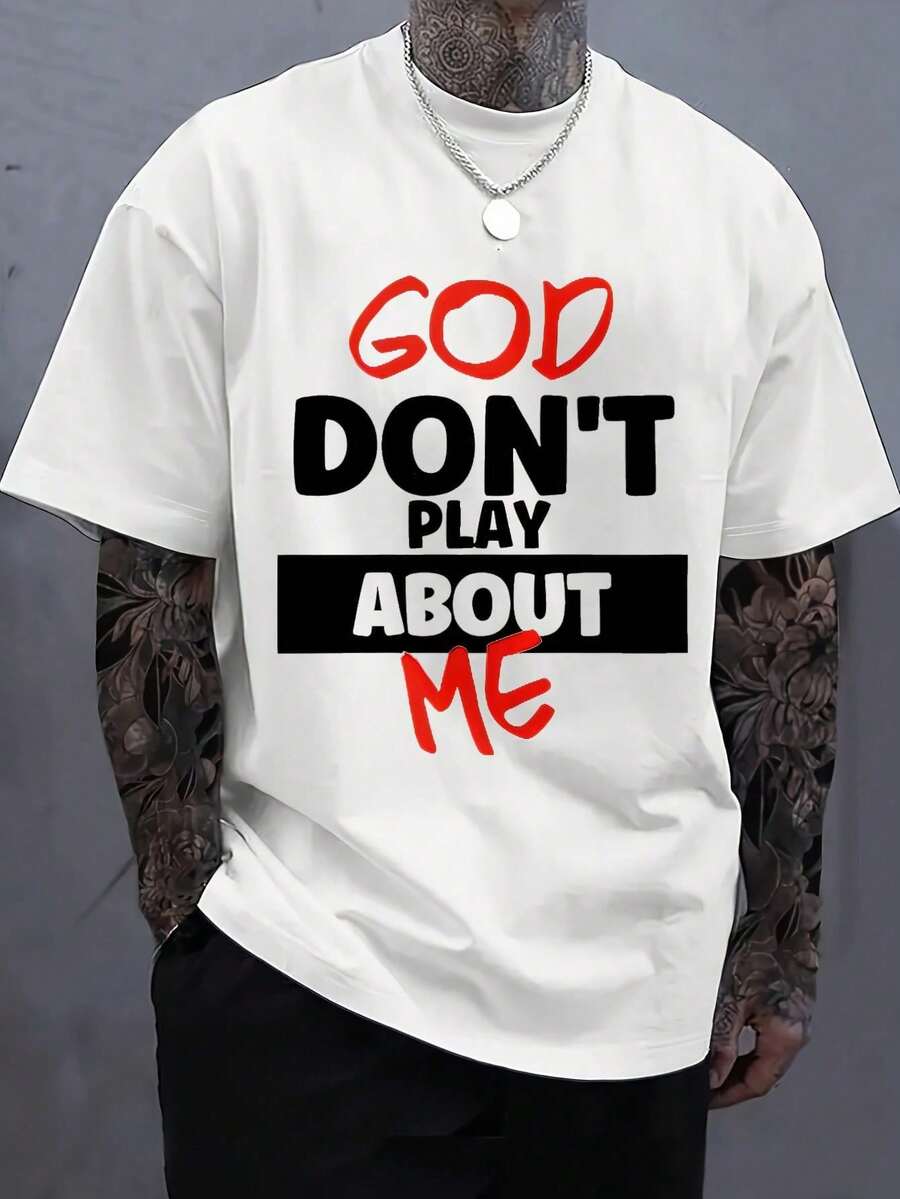 1 pieza de camiseta estampada para hombre - "God Don't Play About Me", camiseta casual de cuello redondo y manga corta para ropa urbana, ajuste cómodo para todas las estaciones.
-Black18 - Blanco - Ver 1
