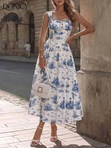 DONICY Women's White & Blue Floral Print Sleeveless Midi Dress, Square Neck Ruched Bust Design, Casual Vacation Wear - Multicolor - View 8